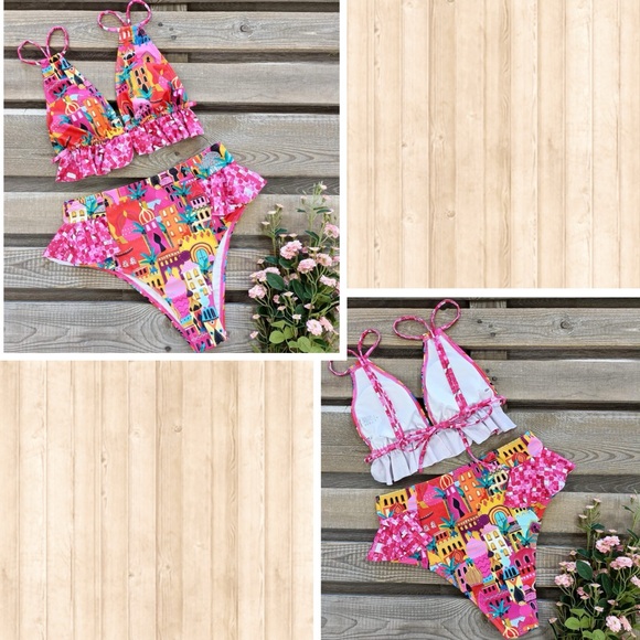 NWT Women High Waisted Swimsuit Ruffle V Neck Bikini Two Pieces Swimwear SIZE L - Picture 5 of 17